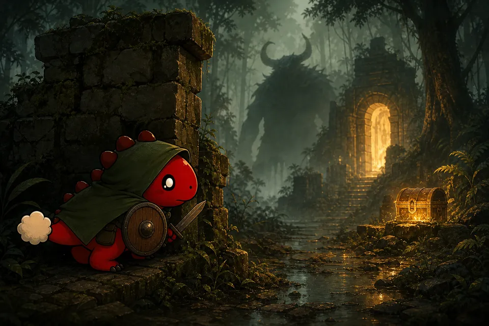 Bommel mit Umhang und Schild versteckt sich vor einem Monster im Nebelwald