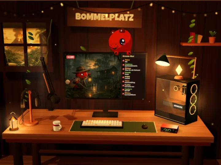 Bommels Schreibtisch im Baumhaus: Monitor mit Hunt und Chat, Rechner mit Glasfenster, Mikrofon am Arm, Kopfhörer auf dem Ständer, rotes Interface, Lampe, Laterne und ein leuchtender Bernstein. Bommel lugt über den Monitor.