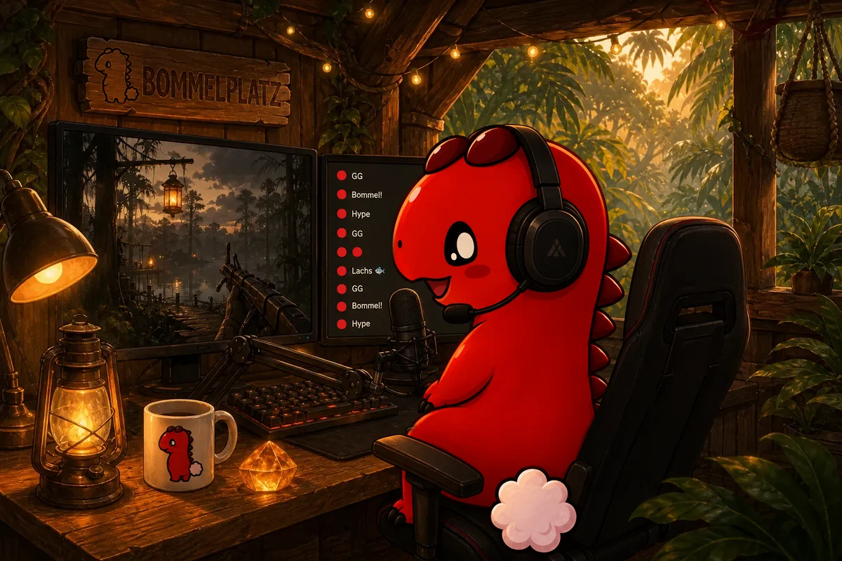 Bommel mit Headset an seinem Streaming-Setup im Baumhaus: Mikrofon, zwei Monitore mit Sumpf-Shooter und Chat, Laterne und Dino-Tasse.